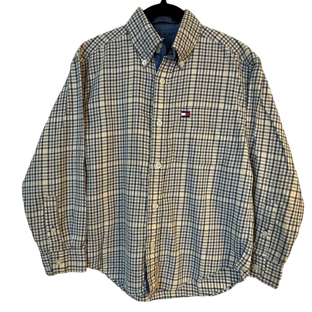 Tommy Hilfiger Boy’s Tan Blue Plaid Long Sleeve Button Front Shirt Size Small